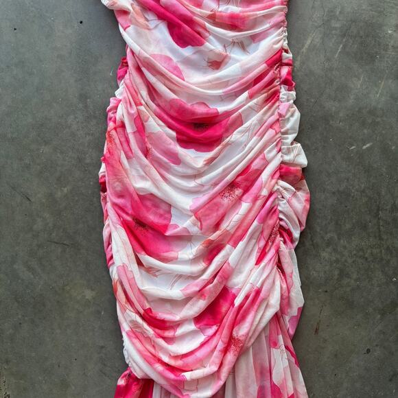 Cameo Ruched Mesh One Shoulder Maxi Dress Women's L Fuschia Floral Print - Picture 6 of 12